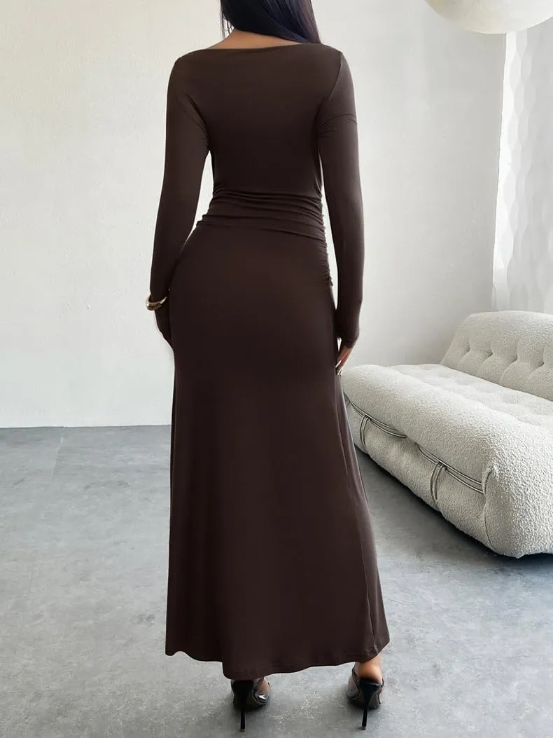 TIAFORD Women Off Shoulder Ruched Bodycon Maxi Dress Sexy Long Sleeve Slim Fit Bodycon Long Evening Formal Dress