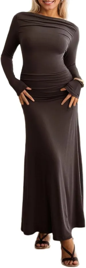 TIAFORD Women Off Shoulder Ruched Bodycon Maxi Dress Sexy Long Sleeve Slim Fit Bodycon Long Evening Formal Dress
