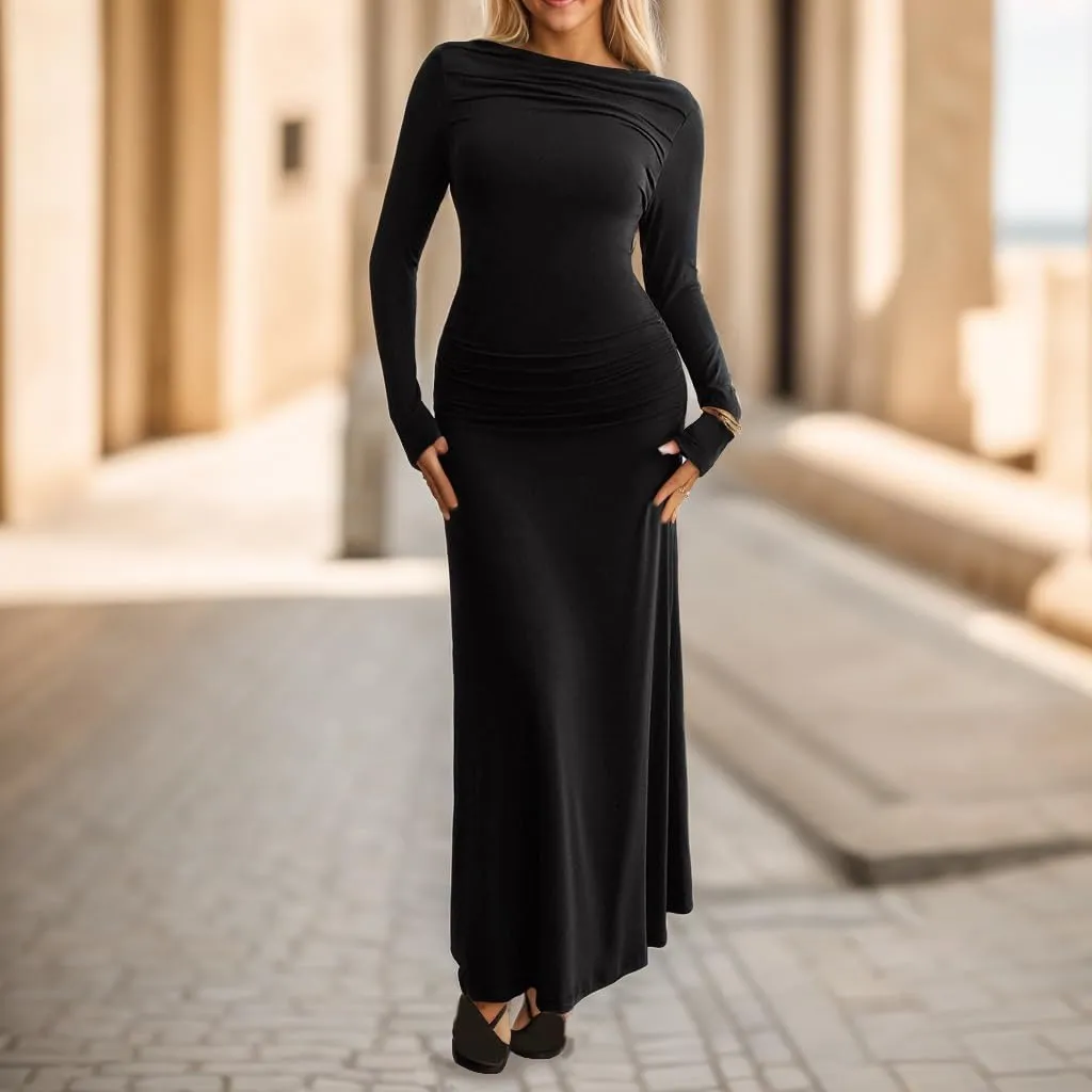TIAFORD Women Off Shoulder Ruched Bodycon Maxi Dress Sexy Long Sleeve Slim Fit Bodycon Long Evening Formal Dress