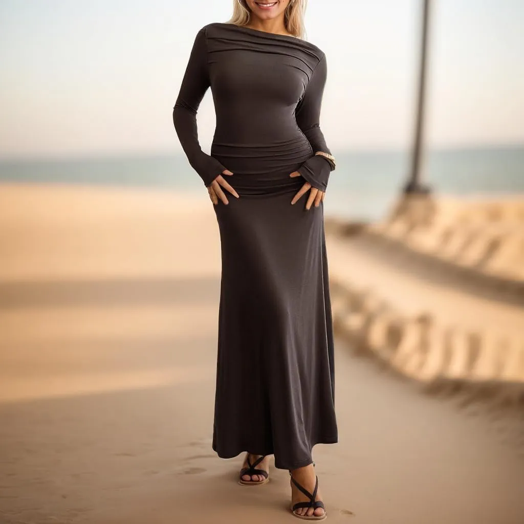 TIAFORD Women Off Shoulder Ruched Bodycon Maxi Dress Sexy Long Sleeve Slim Fit Bodycon Long Evening Formal Dress