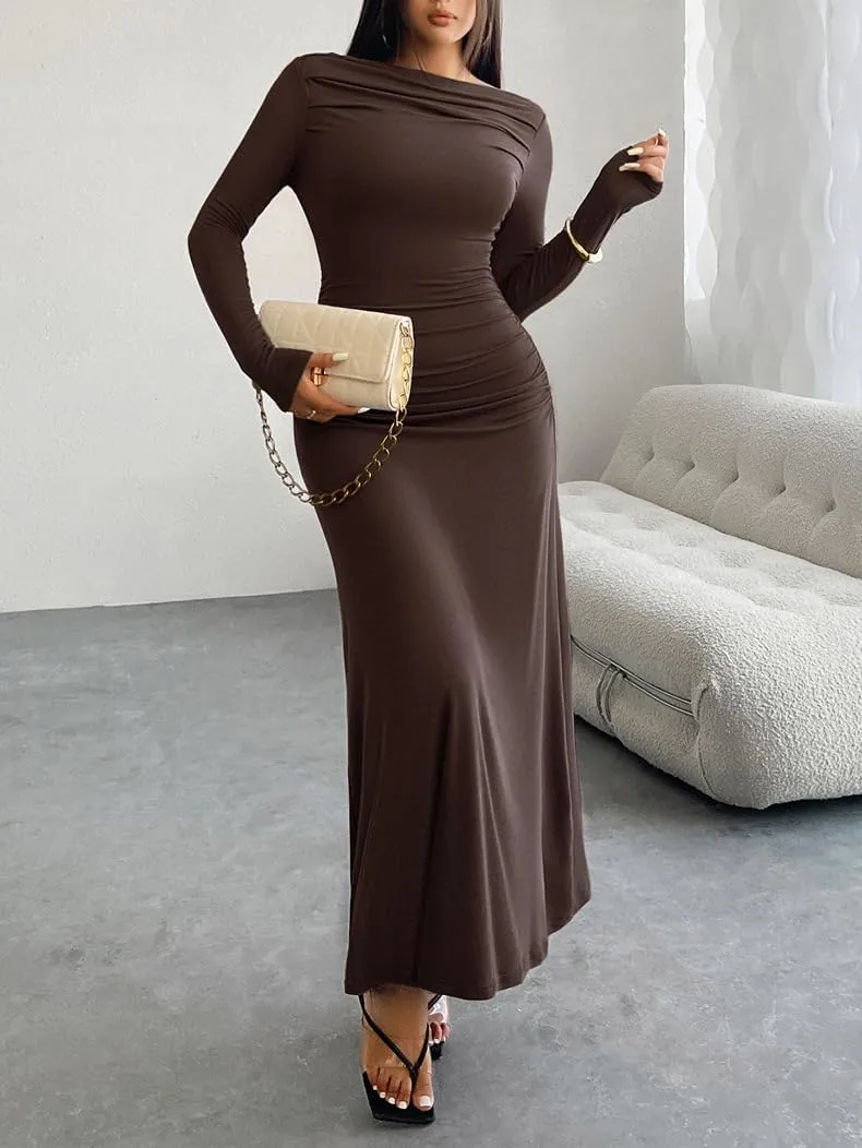 TIAFORD Women Off Shoulder Ruched Bodycon Maxi Dress Sexy Long Sleeve Slim Fit Bodycon Long Evening Formal Dress