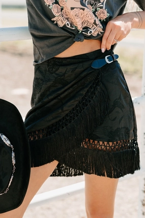 Tide & Tassel Satin Wrap Mini Skirt (Black) Minimalist Layering Roll Up Hem