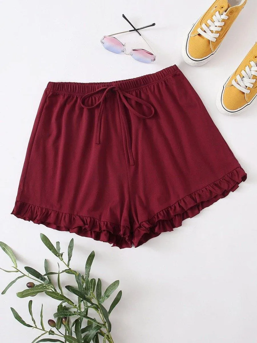 Tie Front Ruffle Hem Wide Leg Shorts
