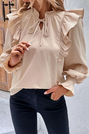 Airflow Ventilation Zones DoubleLayeredFabric TIED NECK FUNGUS SLEEVE SOLID BLOUSE