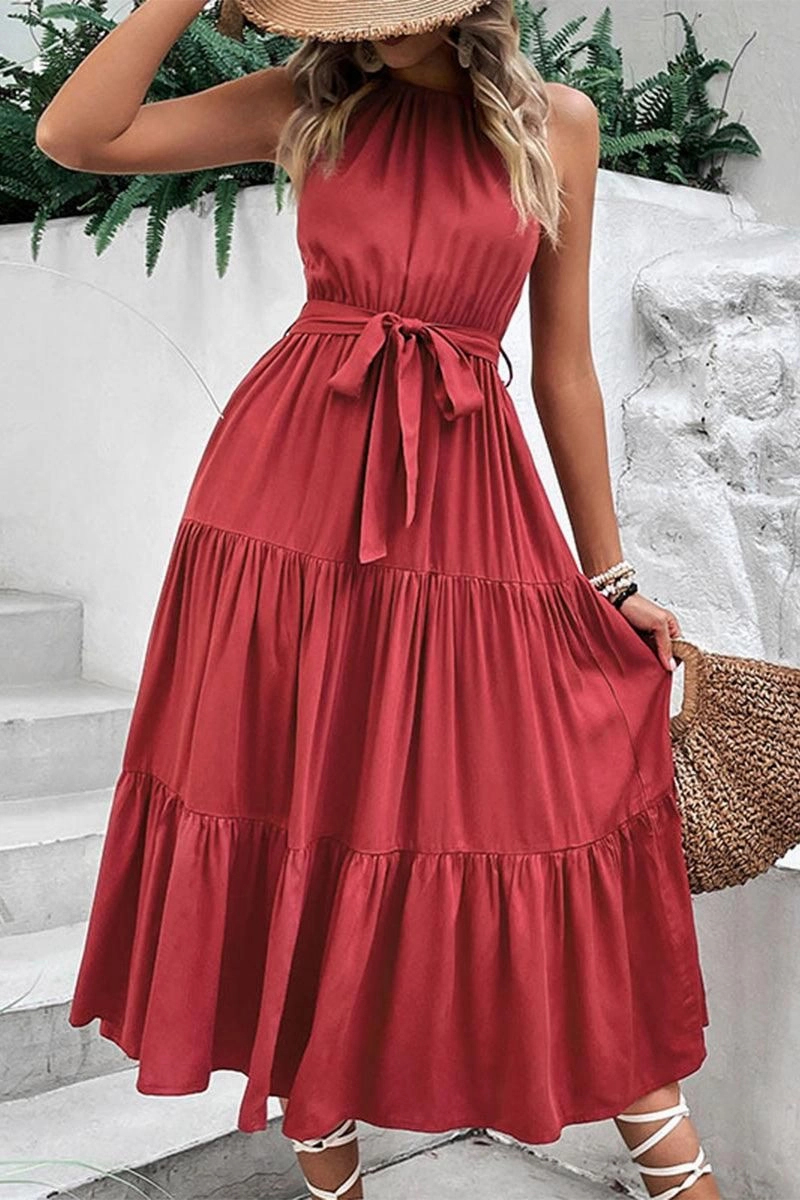 Fresh Stitch Sophisticated Waist TIED WAIST TIERED HALTER DRESS