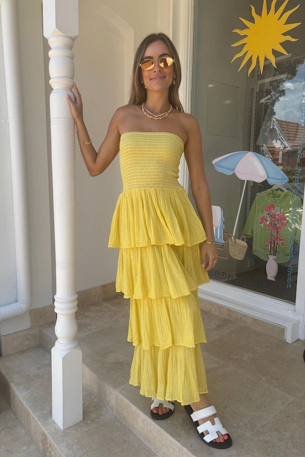 Tiered Maxi Dress Lemon/Gold Playful Twist Metallic-Shine