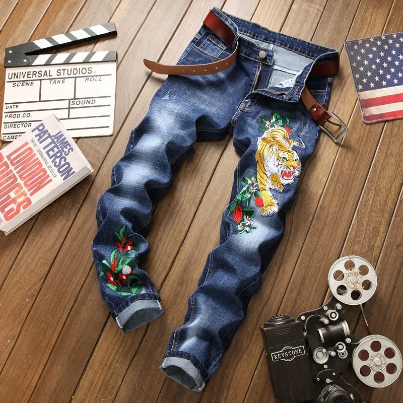 Tiger And Floral Embroidery Casual Jeans