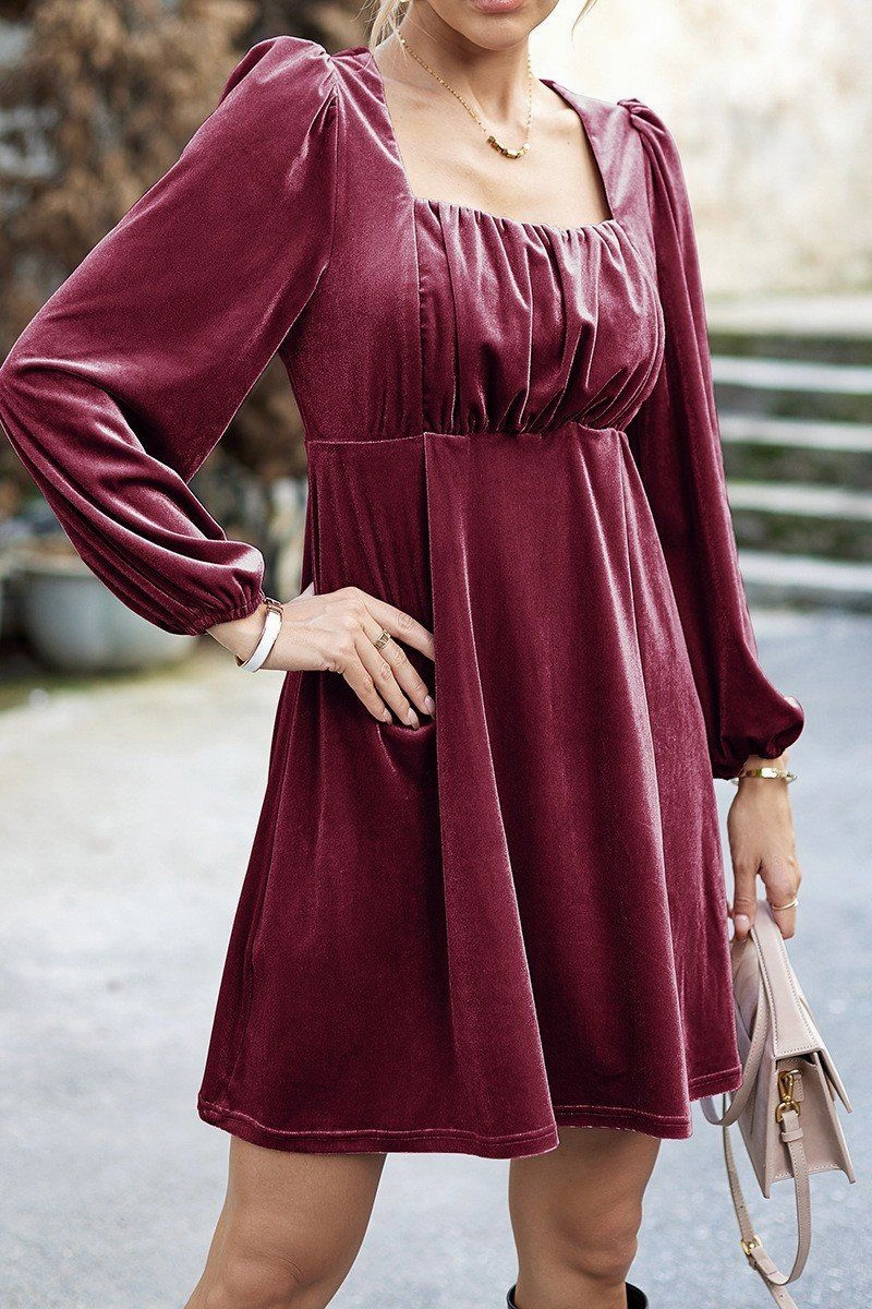 Gentle Shine Statement-Buttons VELVET SQUARE NECK FLUTTER PUFF SLEEVE DRESS