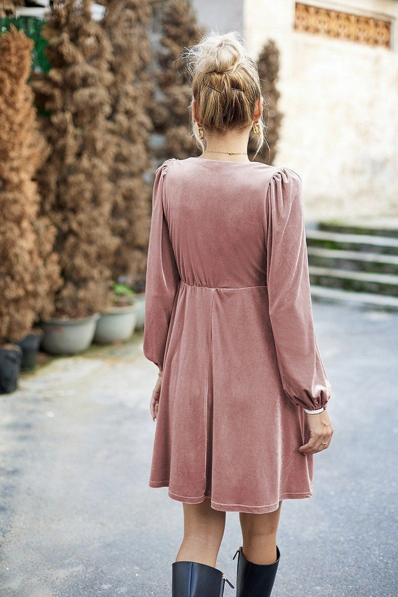 Pure Stitch VELVET SQUARE NECK FLUTTER PUFF SLEEVE DRESS