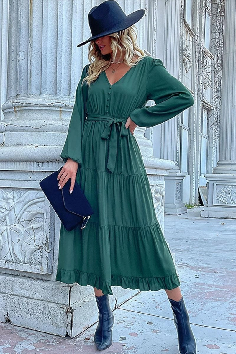 Breathable Comfort Wear Travel-Style V NECK DRAWSTRING WAIST RUFFLED LONG DRESS