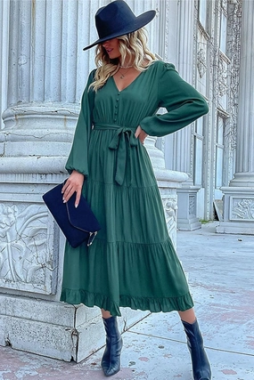 V NECK DRAWSTRING WAIST RUFFLED LONG DRESS Farm Scene