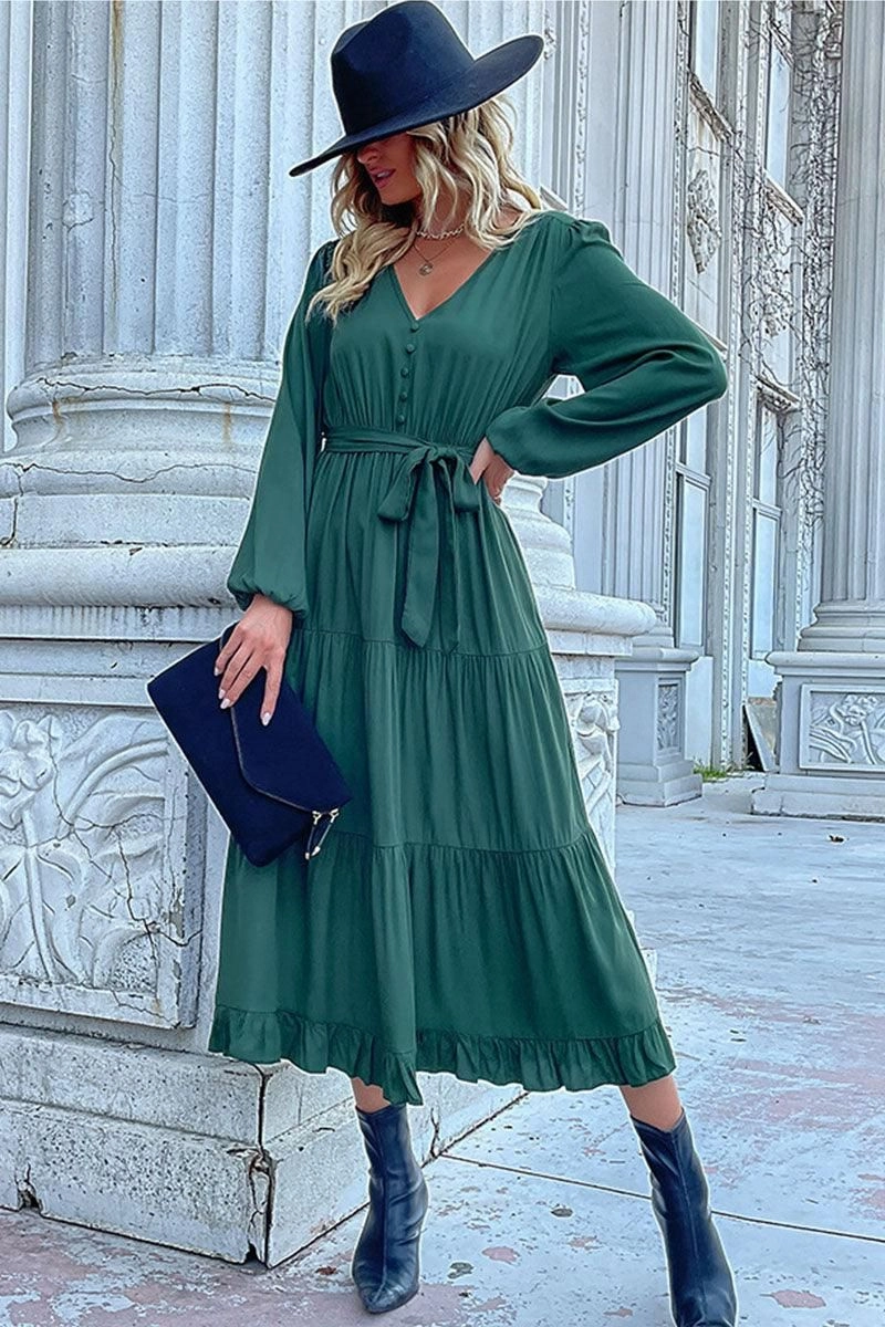 V NECK DRAWSTRING WAIST RUFFLED LONG DRESS Farm Scene