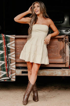 Warm Pink Retro Mood Crush Approved Strapless Mini Dress (Cream)