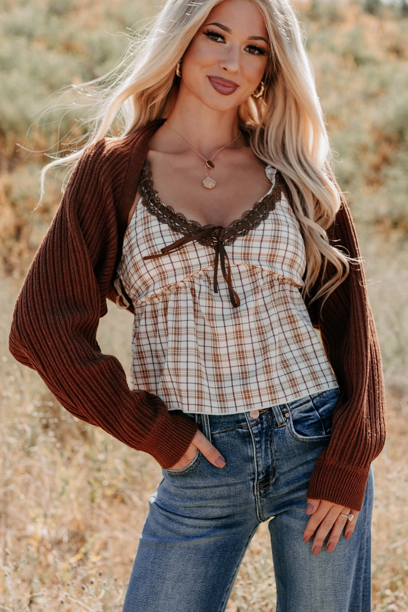Chic Look Non Iron Fabric Toasted Coconut Season Bolero Shrug Cardigan (Chestnut)