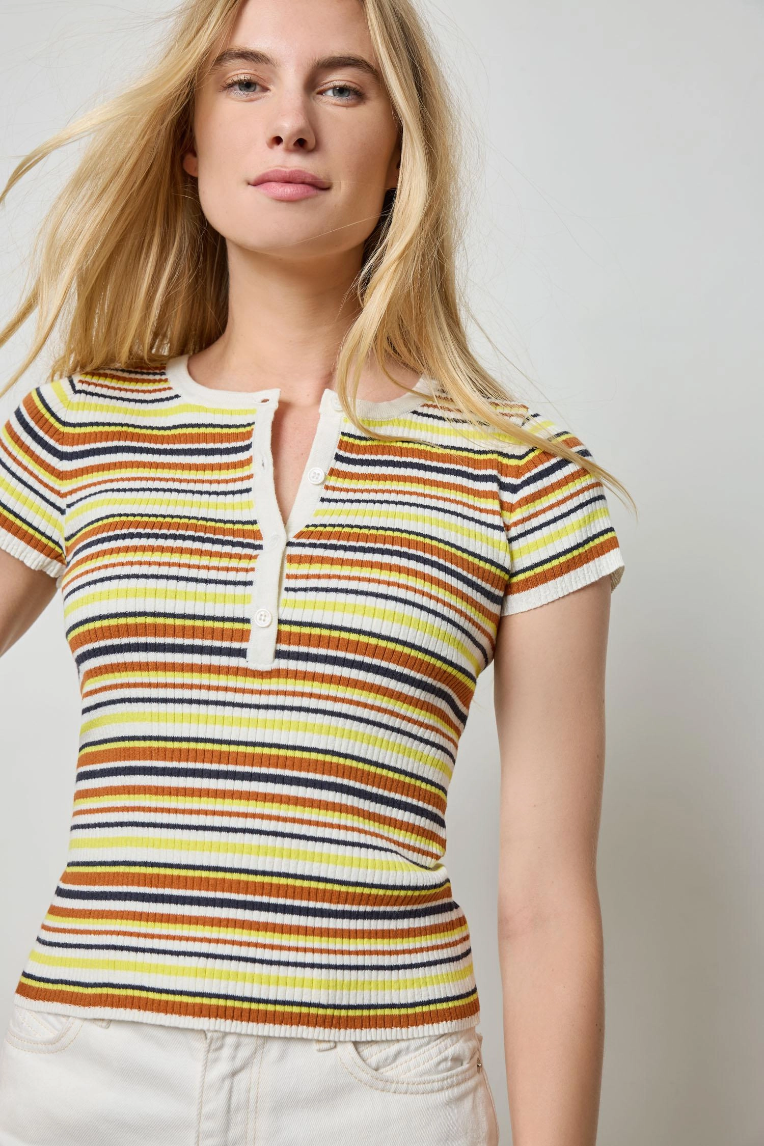 Striped Short Sleeve Henley White Stripe Convertible Style Durable Fiber Blend