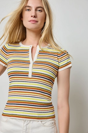 Striped Short Sleeve Henley White Stripe Convertible Style Durable Fiber Blend