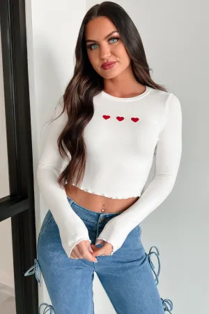 Too Cutesy Embroidered Hearts Long Sleeve Top (White) Adjustable drawstring