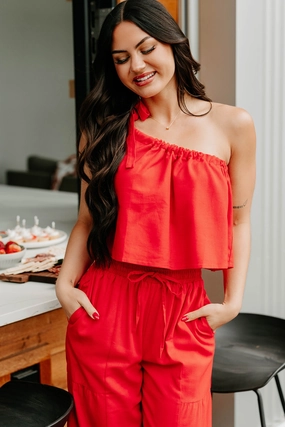 Too Saucy One Shoulder Top (Red) Quick Access Zipper