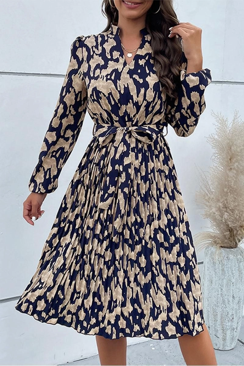 Elegant brunch outfit Smart Layering ELEGANT PATTERNED V NECK TIED WAIST DRESS