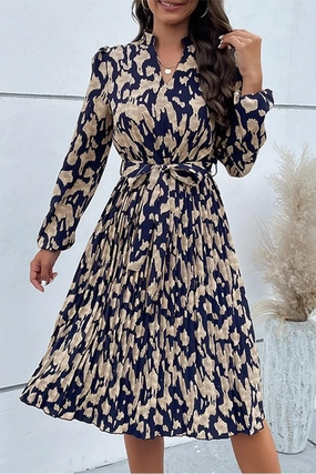 ELEGANT PATTERNED V NECK TIED WAIST DRESS Night Style