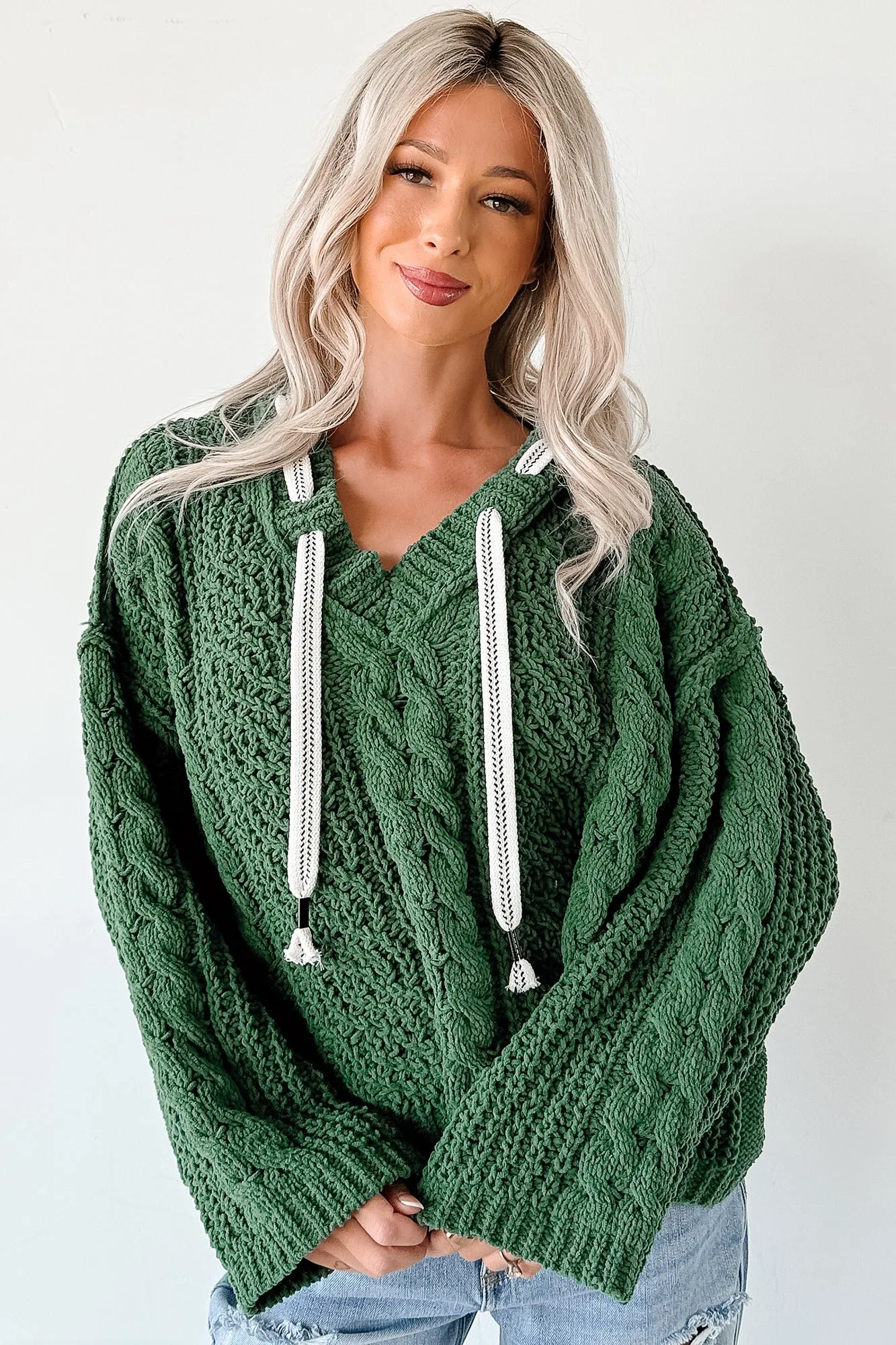DroppedShoulder Total Ease Zenana Cable Knit Sweater Hoodie (Dark Green)