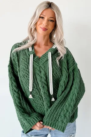 RibbedNeckline FlexibleCollarStructure Total Ease Zenana Cable Knit Sweater Hoodie (Dark Green)