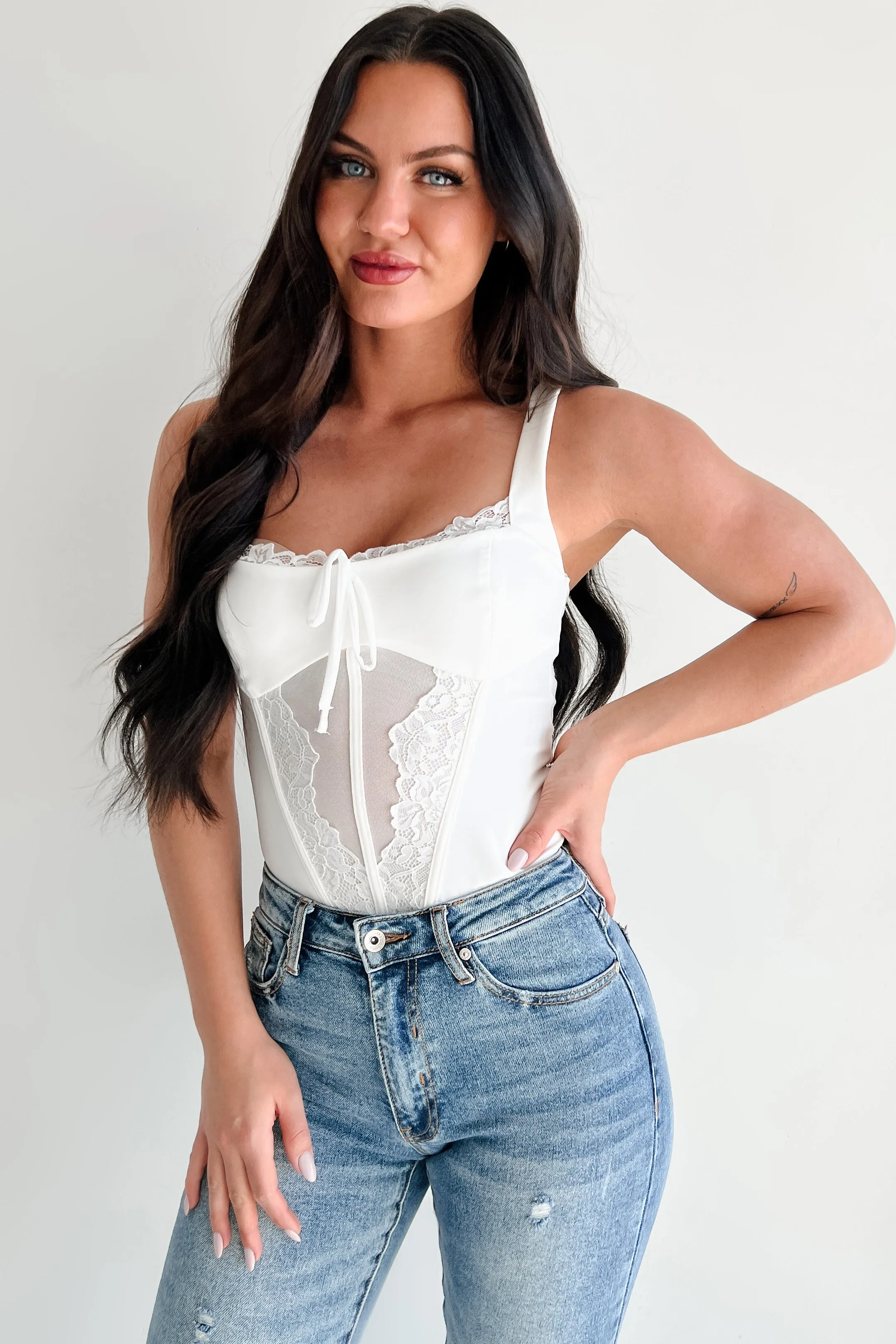 MoistureWickingMaterial Totally Hooked Sleeveless Lace Bodysuit (White)