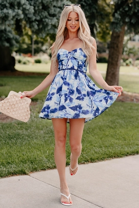 Trading Glances Strapless Tie-Dye Mini Dress (Blue) Built-In-Slip