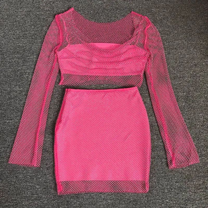 Trend4us Women's Beaded Mesh Long Sleeve Top Mini Skirt Set