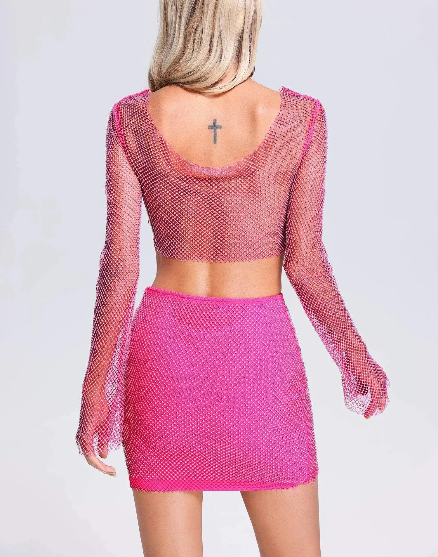Trend4us Women's Beaded Mesh Long Sleeve Top Mini Skirt Set