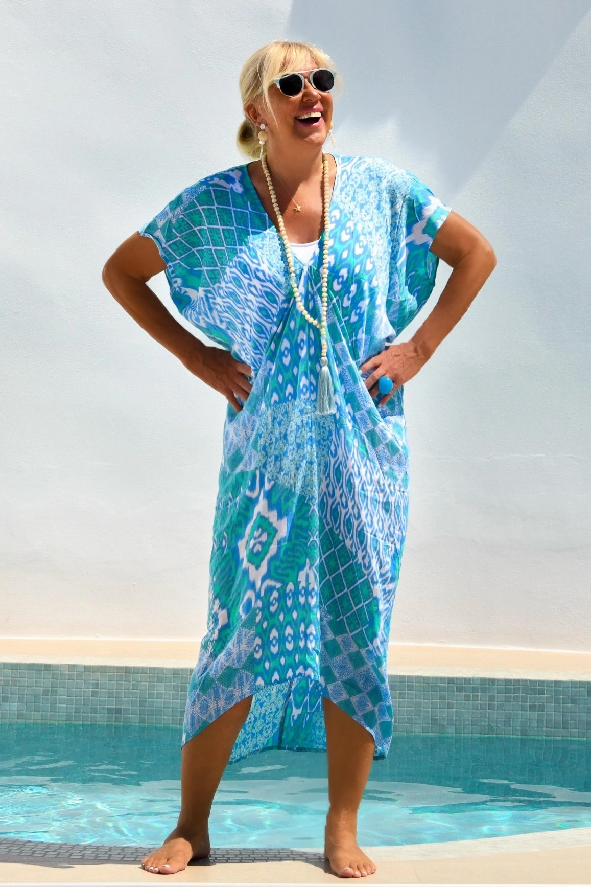 Santorini Kaftan / Seafoam Ikat Draped Silhouette Soft-Lining