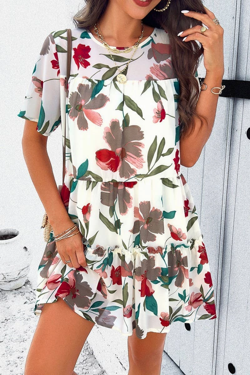 CASUAL HOLIDAY PRINT SHORT SLEEVE DRESS_CWDSD2405 Gentle Shine Smooth Lines