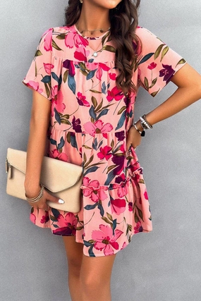 Asymmetrical hem CASUAL HOLIDAY PRINT SHORT SLEEVE DRESS_CWDSD2405