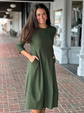 Comfy Shape Minimal Cut Perre Olive Green Three Quarter Sleeve Dress