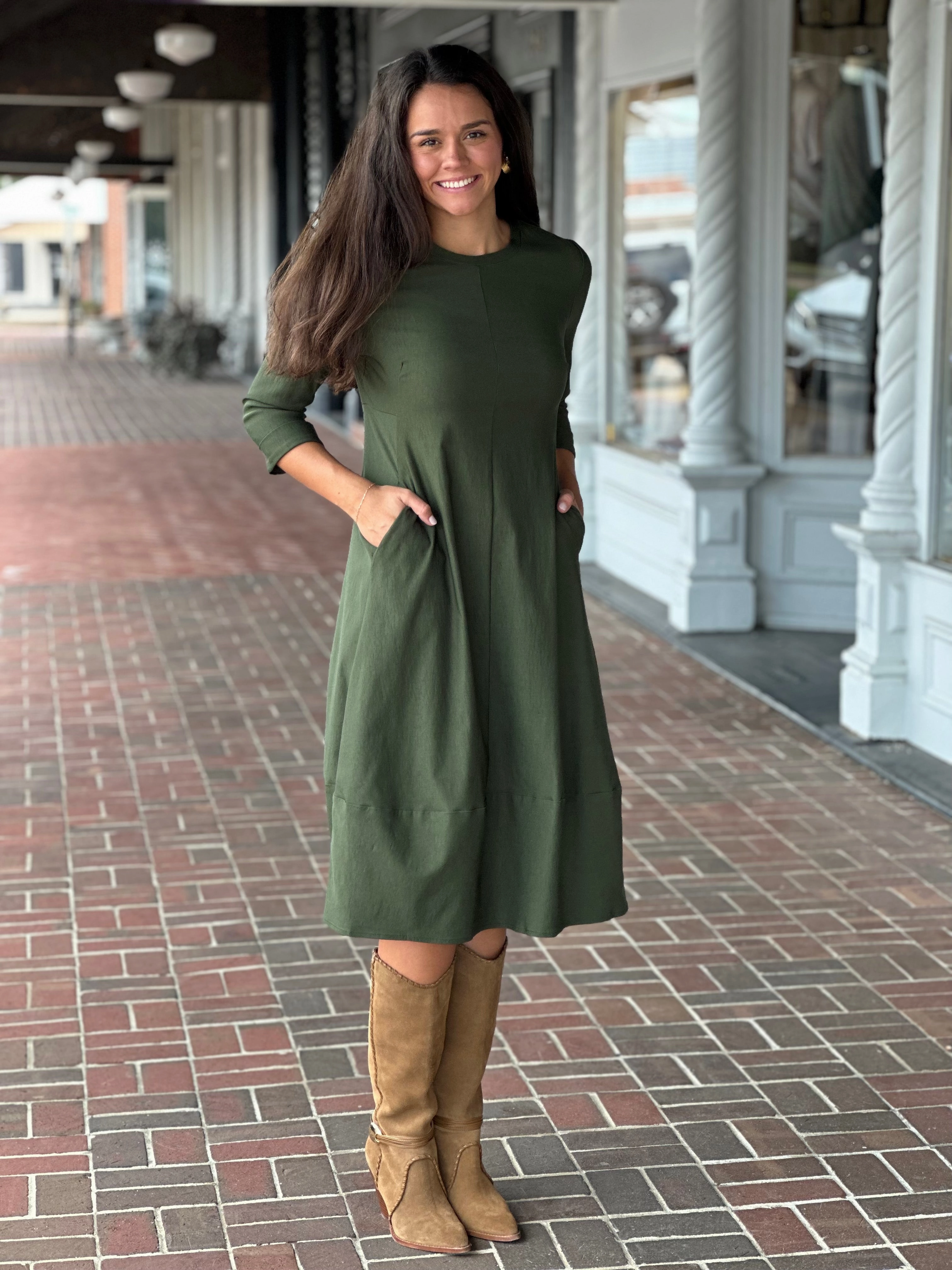 Perre Olive Green Three Quarter Sleeve Dress Timeless Trend