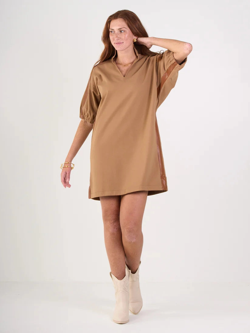 Neutral Tones Tulle Flow Emily Mccarthy Poppy Dress in Luggage Ponte