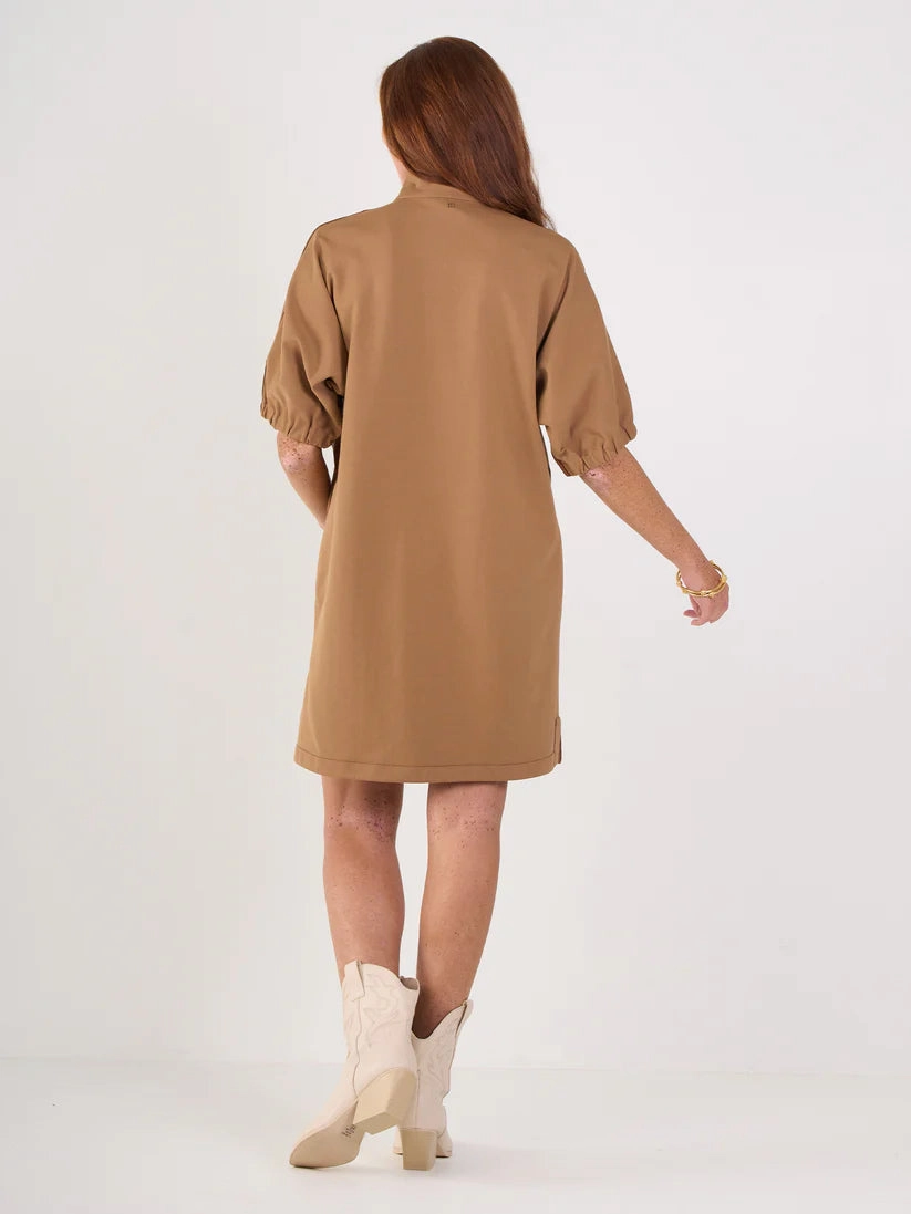 Emily Mccarthy Poppy Dress in Luggage Ponte Clean Structure Boxy-Style
