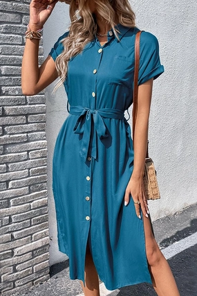 ROLL UP SLEEVE BUTTON UP BELTED SLIT DRESS Fluid Shape
