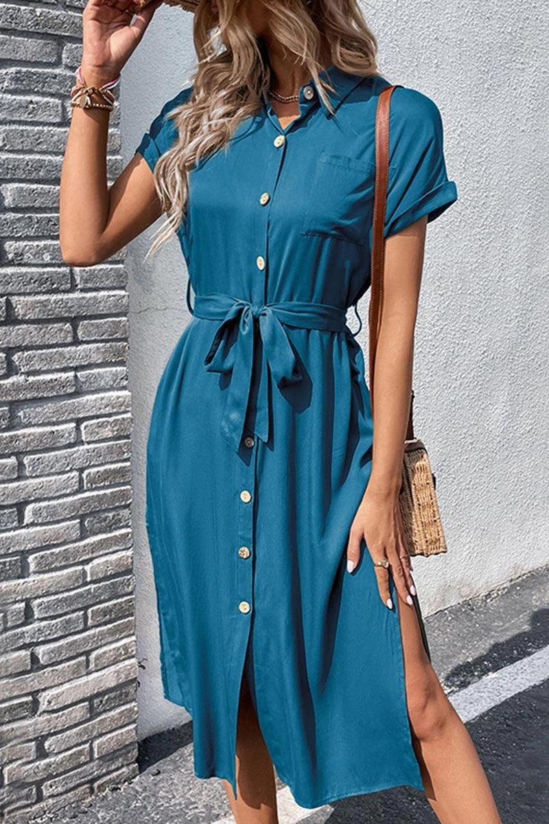 ROLL UP SLEEVE BUTTON UP BELTED SLIT DRESS Happy Fit