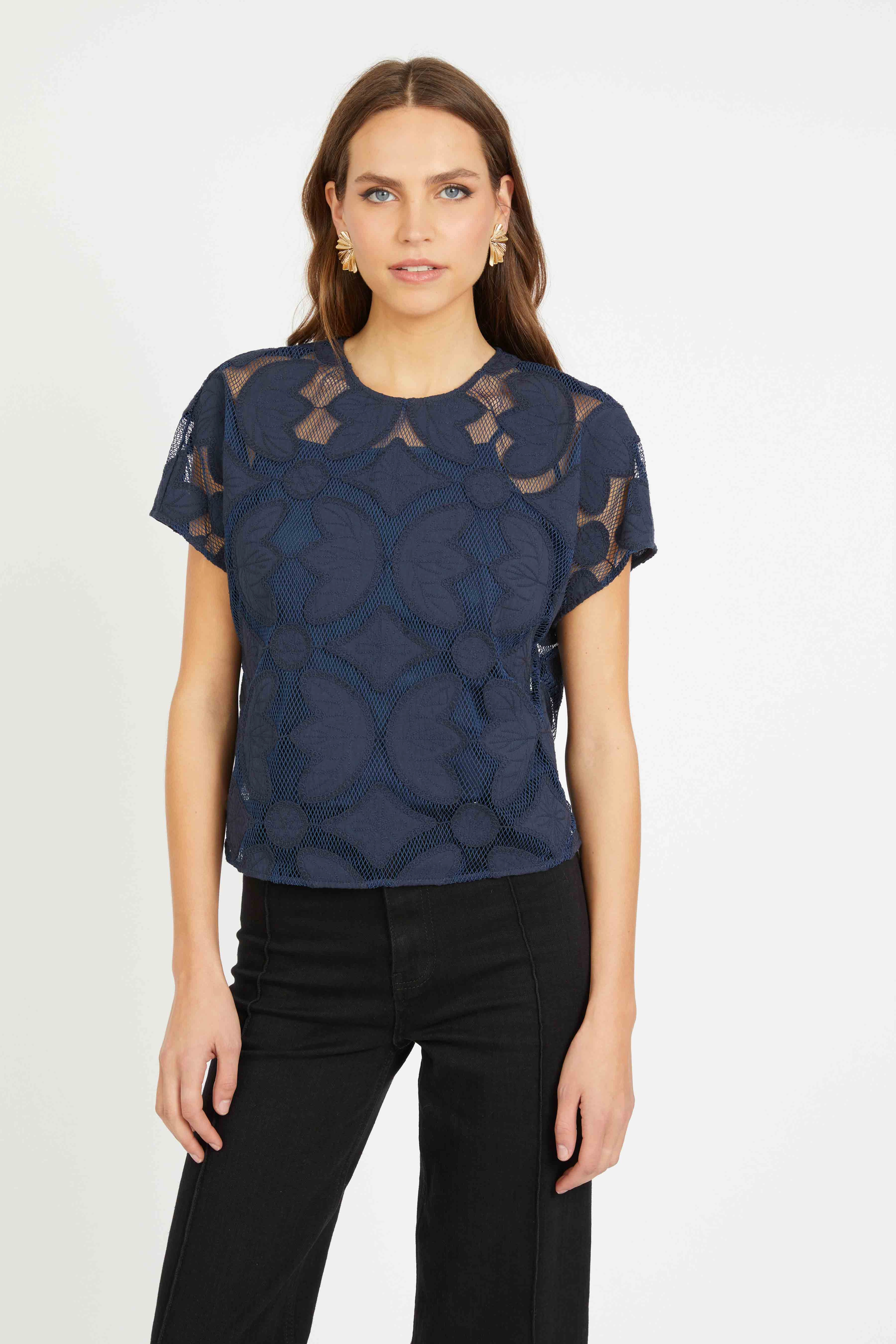Essential Style skin friendly Carmen Top in Navy Lace