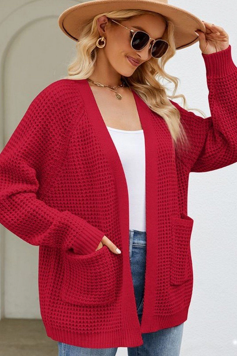 WOMEN RIBBED KNIT CARDIGAN WITH POCKETS Airflow Mesh Lining