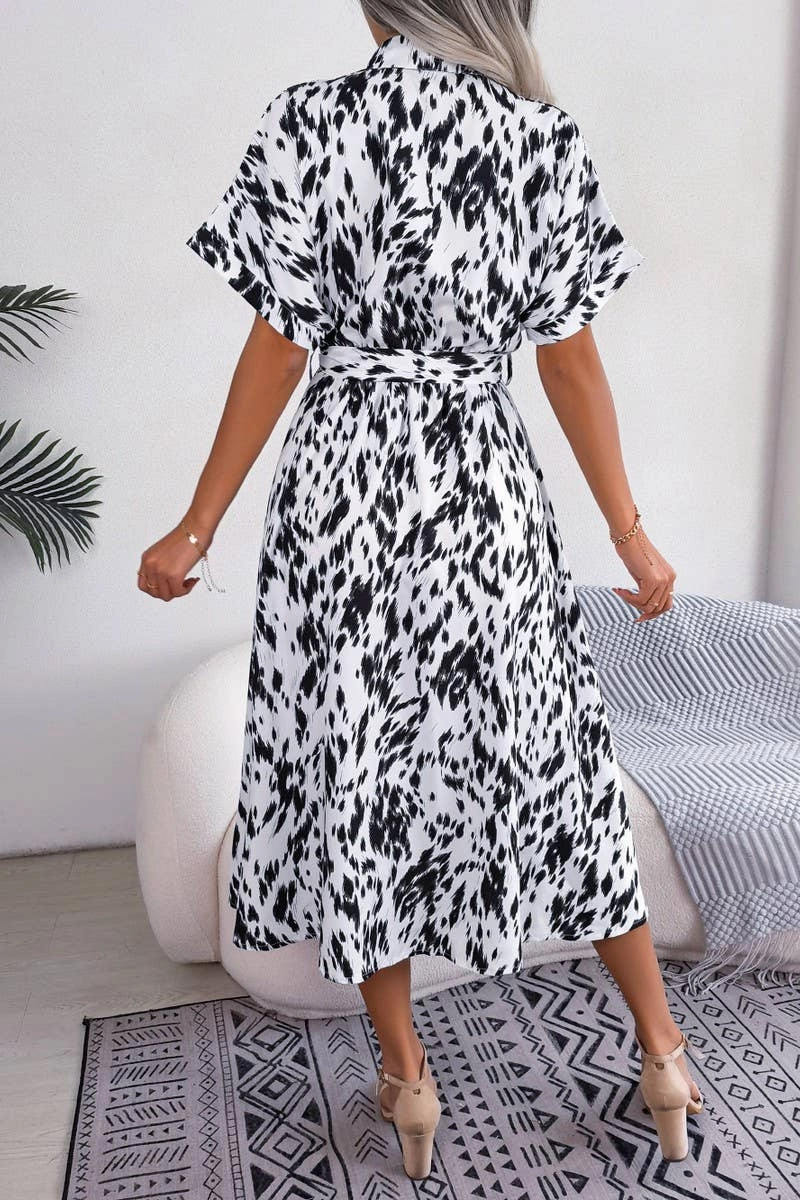 CASUAL LOOSE LEOPARD PRINT LACE UP SHIRT DRESS_CWDSD2530 Flattering Design Wear