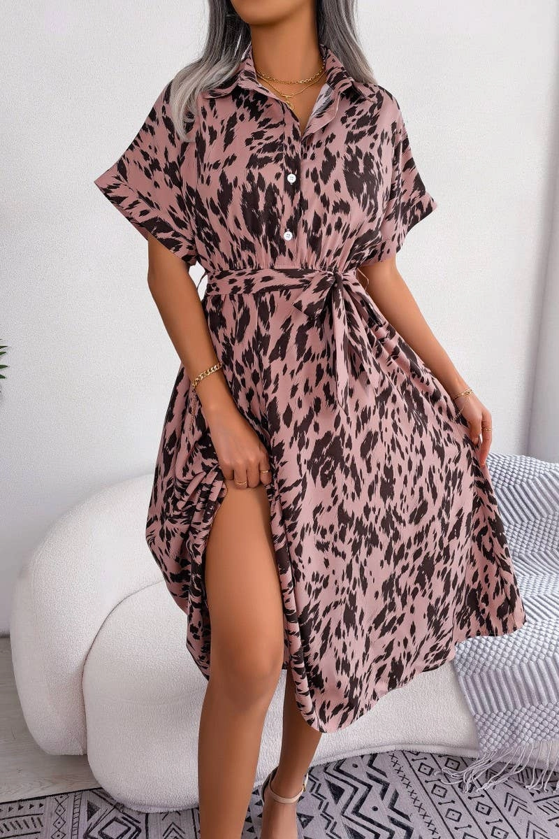 CASUAL LOOSE LEOPARD PRINT LACE UP SHIRT DRESS_CWDSD2530 Perfectly Tailored Fresh Energy