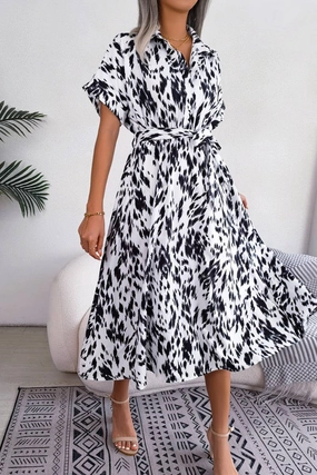 Bright-colored piece CASUAL LOOSE LEOPARD PRINT LACE UP SHIRT DRESS_CWDSD2530