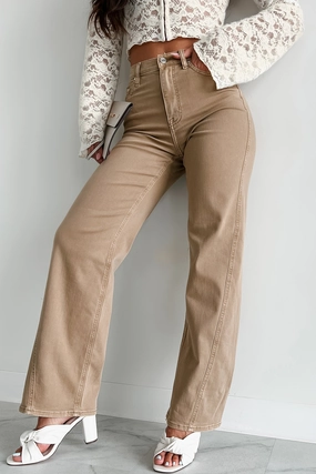 Trevor High Rise Eunina Wide Leg Jeans (Light Wheat) Breathable Mesh Panels Stretch Fit
