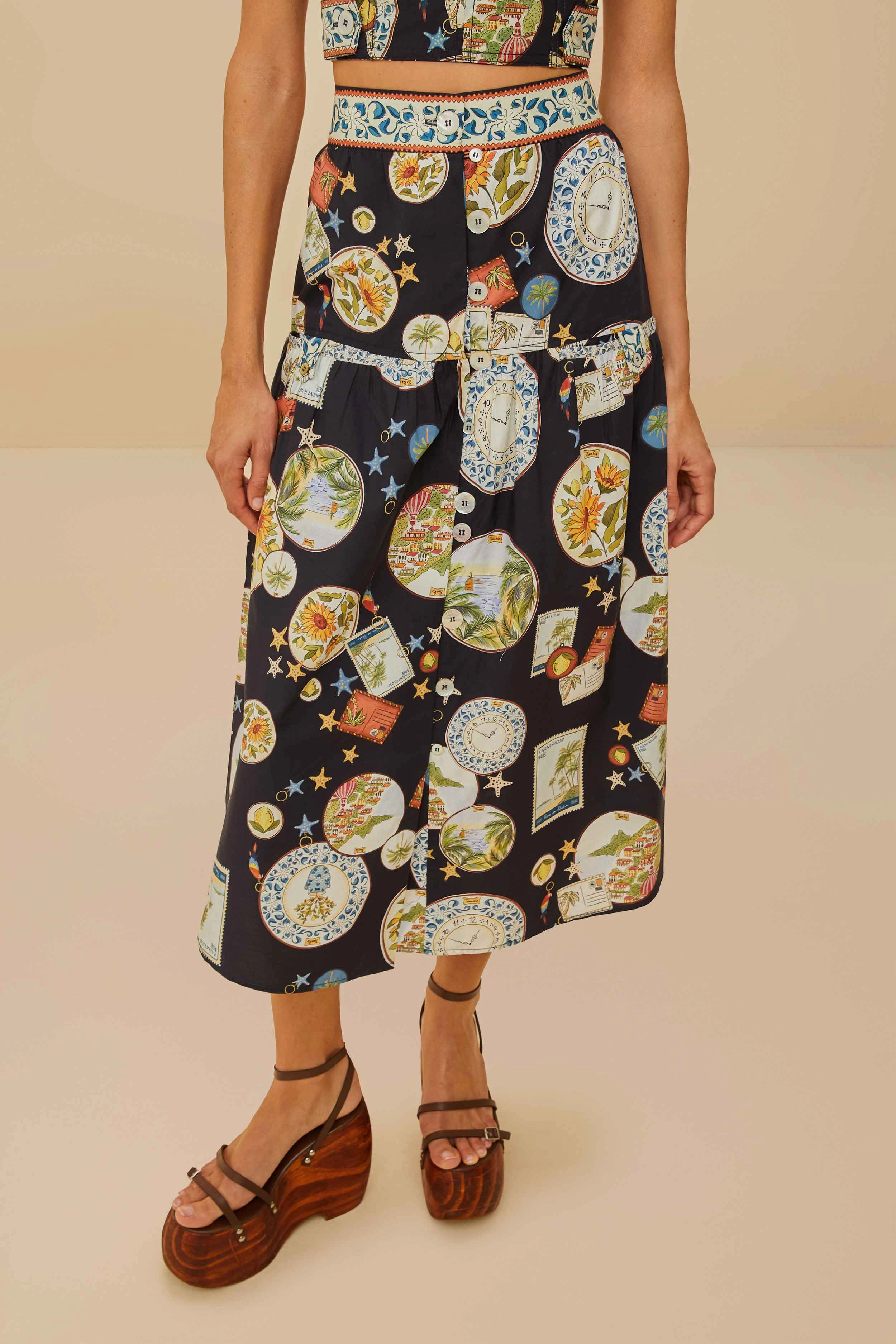 Oversized style Trip Souvenir Mixed Buttons Midi Skirt Black