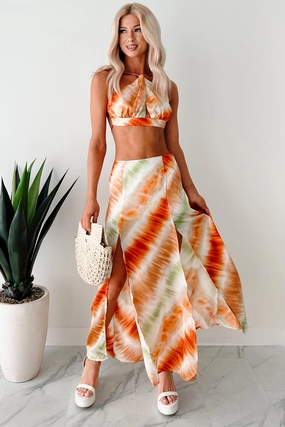 Tropical Tango Tie-Dye Two-Piece Skirt Set (Orange) Bound Seam Finish Flexible Cuffs