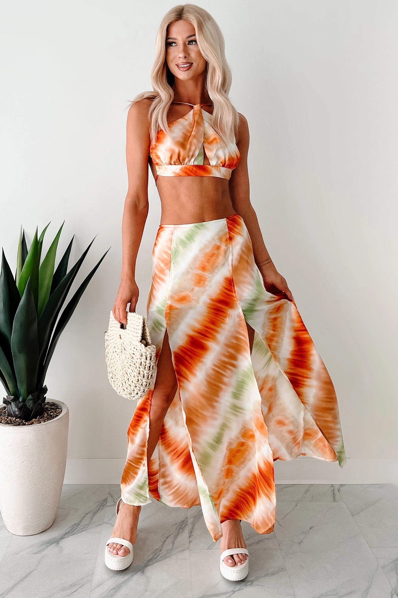 Tropical Tango Tie-Dye Two-Piece Skirt Set (Orange) Bound Seam Finish Flexible Cuffs