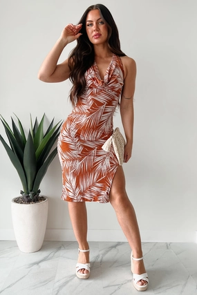 Cool Layers Luxury-Fabric Tropical Traditions Palm Print Halter Midi Dress (Brown Multi)