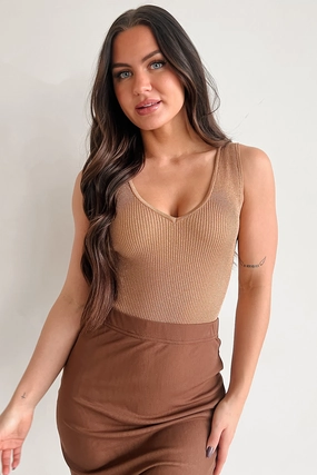 True Fascination Ribbed Metallic Lurex Bodysuit (Gold) FlexFoamInserts FlexibleWaistband